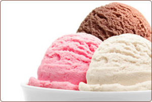 bowl of ice cream with strawberry, vanilla and chocolate. 